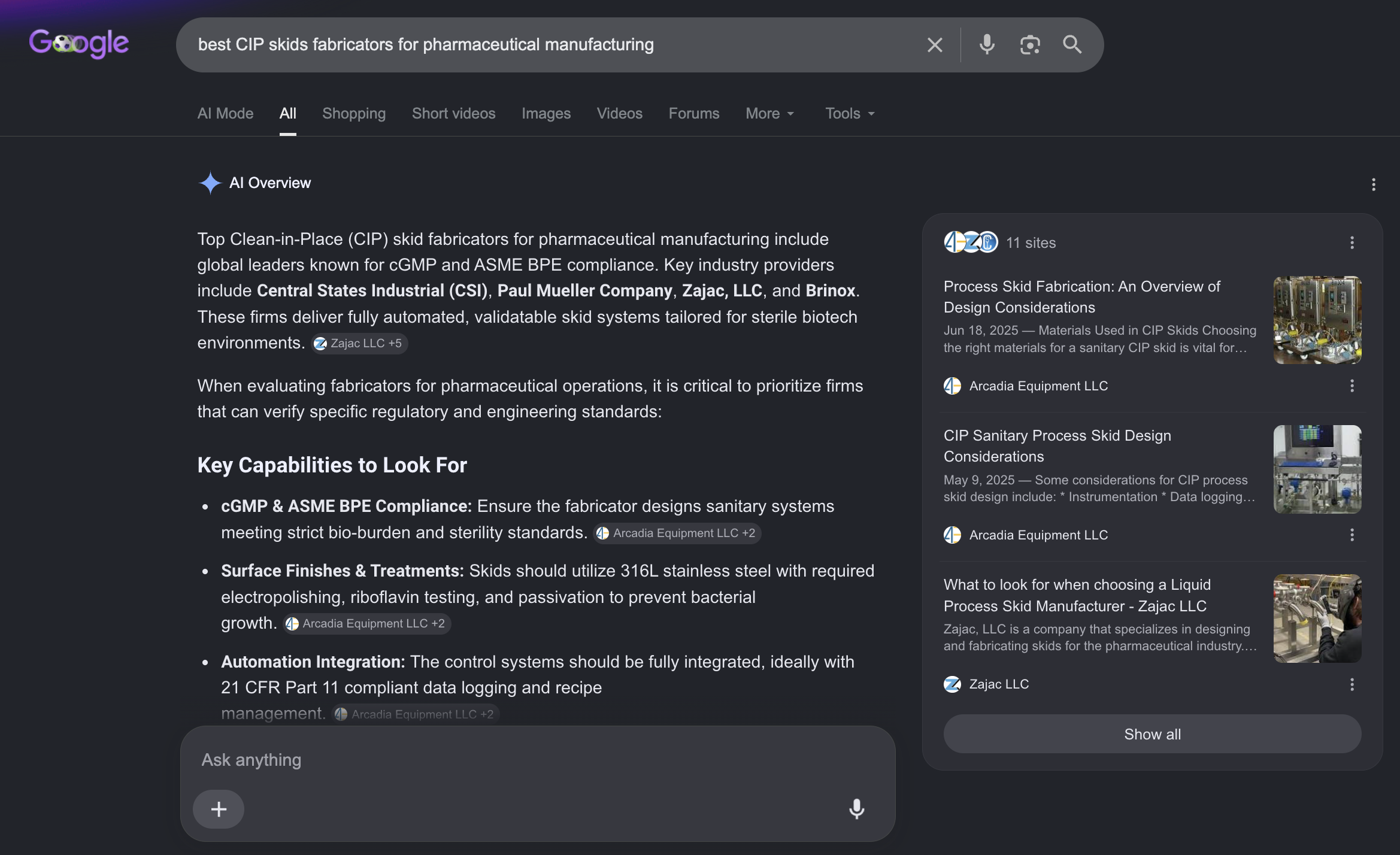 Google AI Overview naming CIP skid fabricators